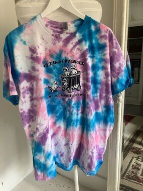 Gildan Tie-Dye Raccoon Graphic Tee - Blue, Purple & Pink